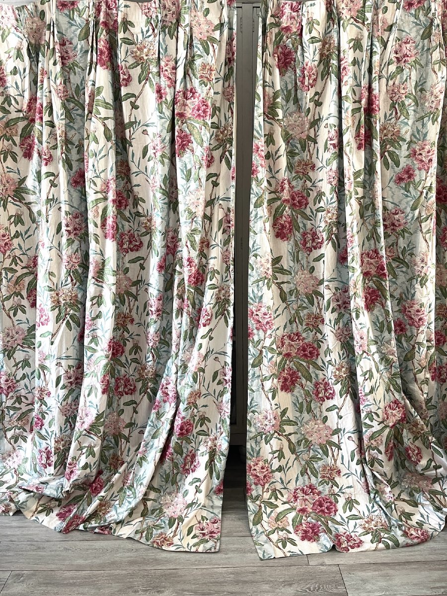 Premières Paire de rideaux en chintz imprimé rhododendrons , azalées, camaieu de couleurs-photo-1