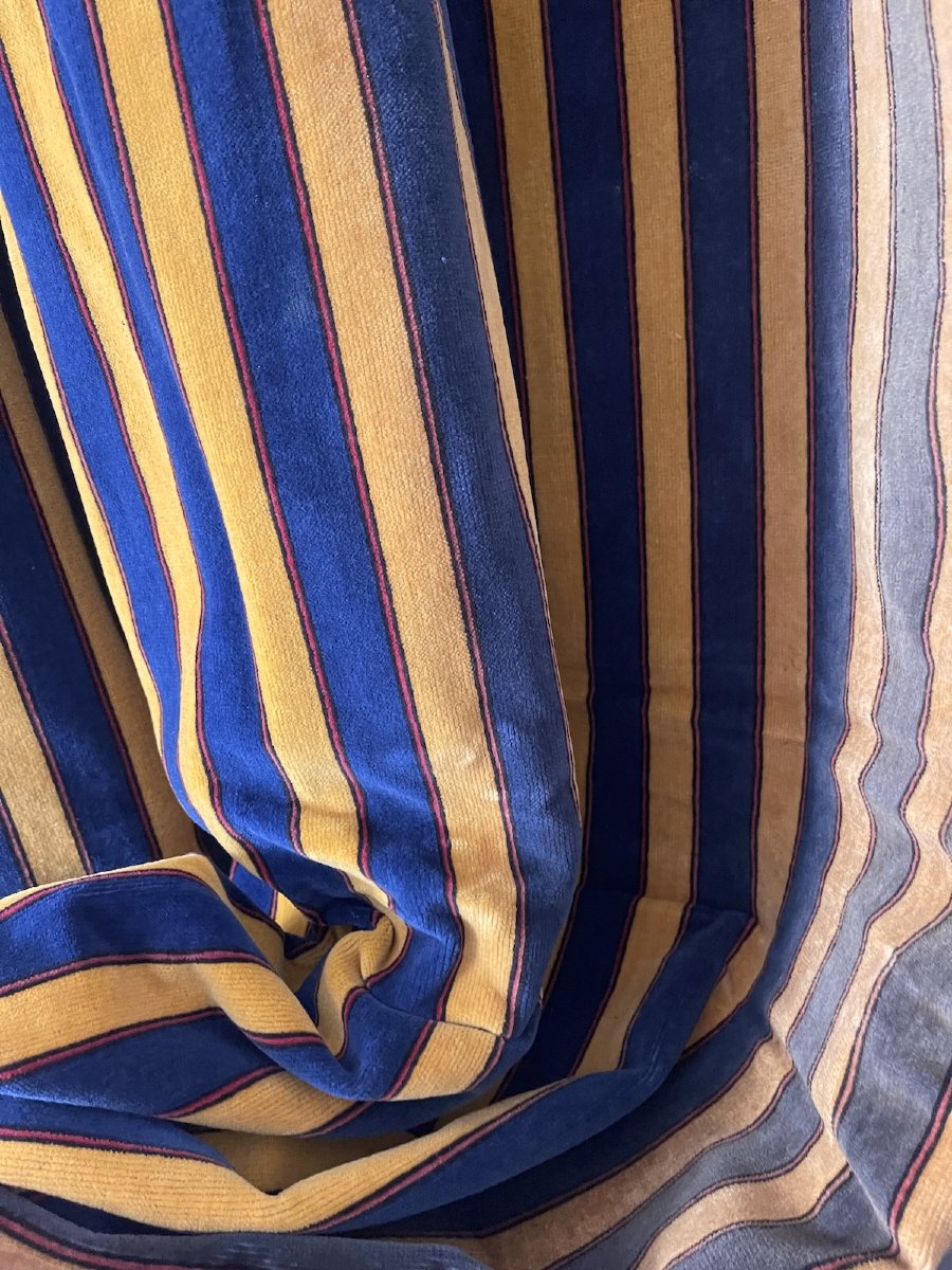 Paire de rideaux Art Déco en velours rayé bleu et jaune doré-photo-3