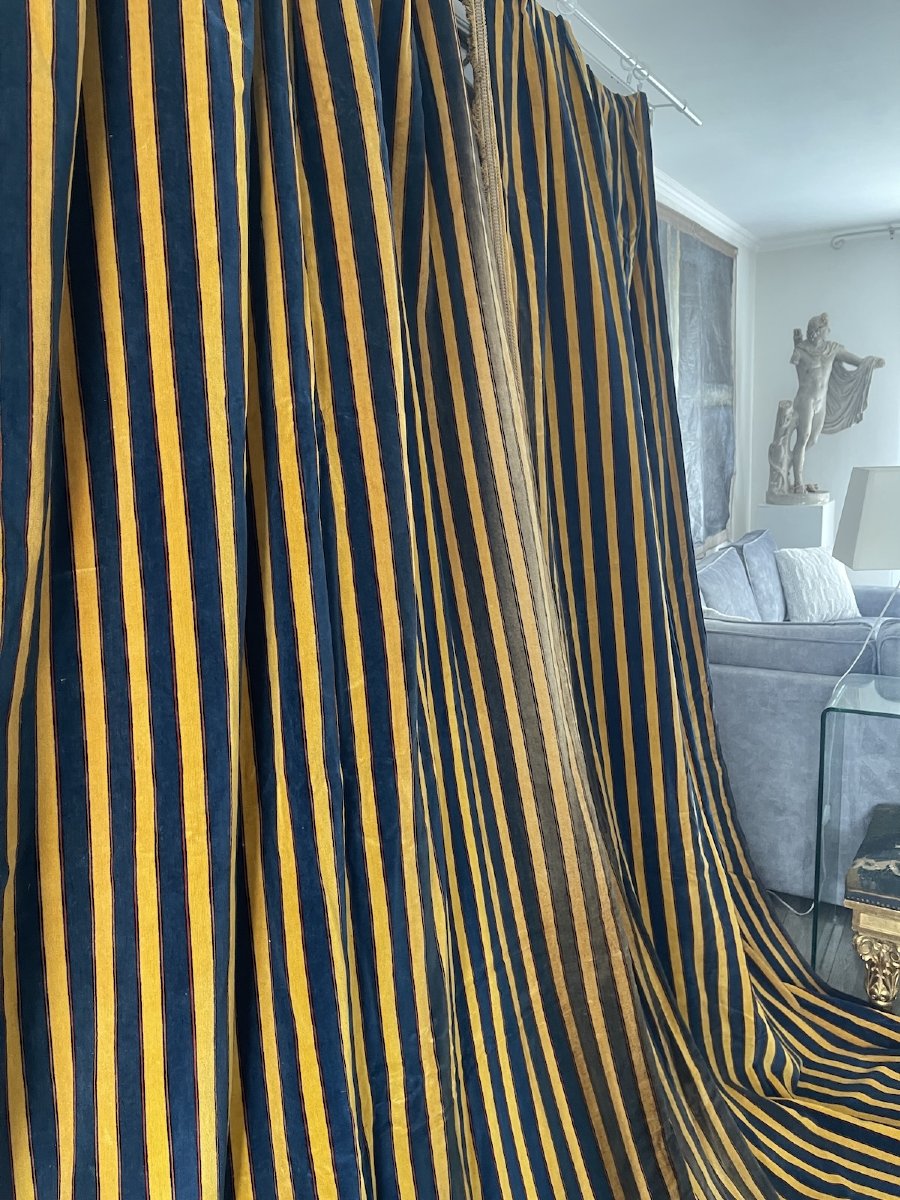 Paire de rideaux Art Déco en velours rayé bleu et jaune doré-photo-4