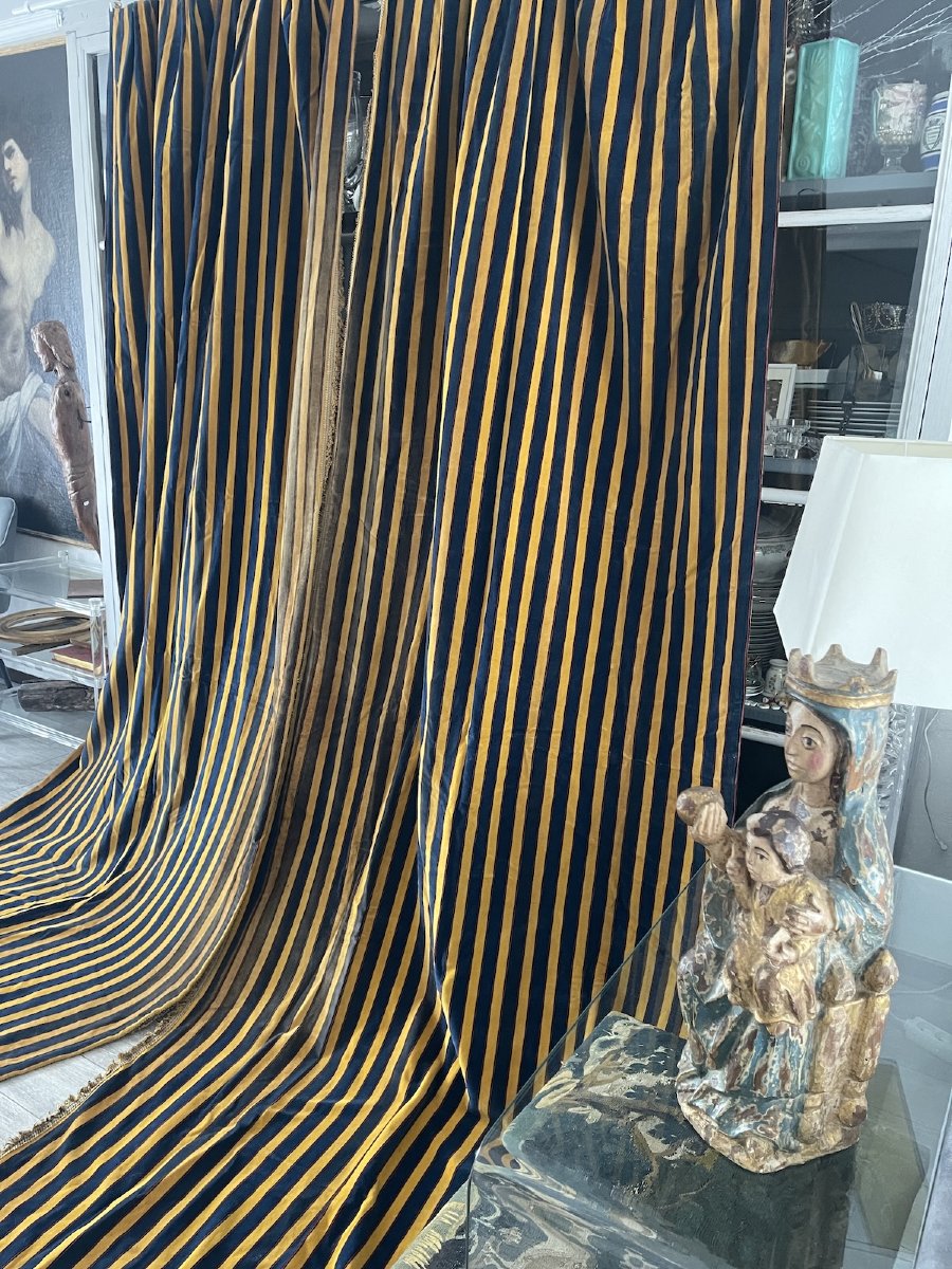 Paire de rideaux Art Déco en velours rayé bleu et jaune doré-photo-2