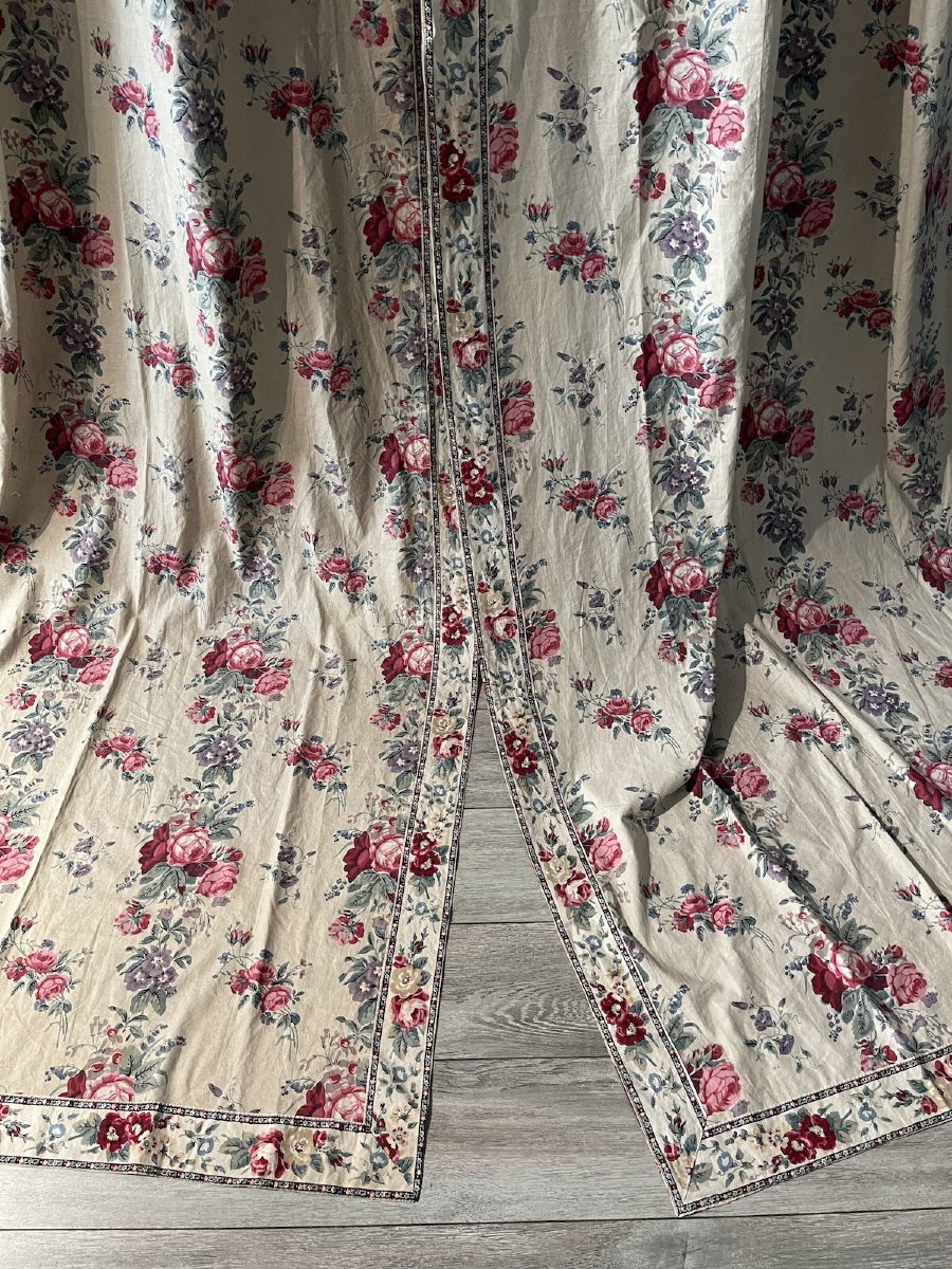 Paire de rideaux en toile imprimée, décor floral, époque XIXᵉ siècle-photo-1