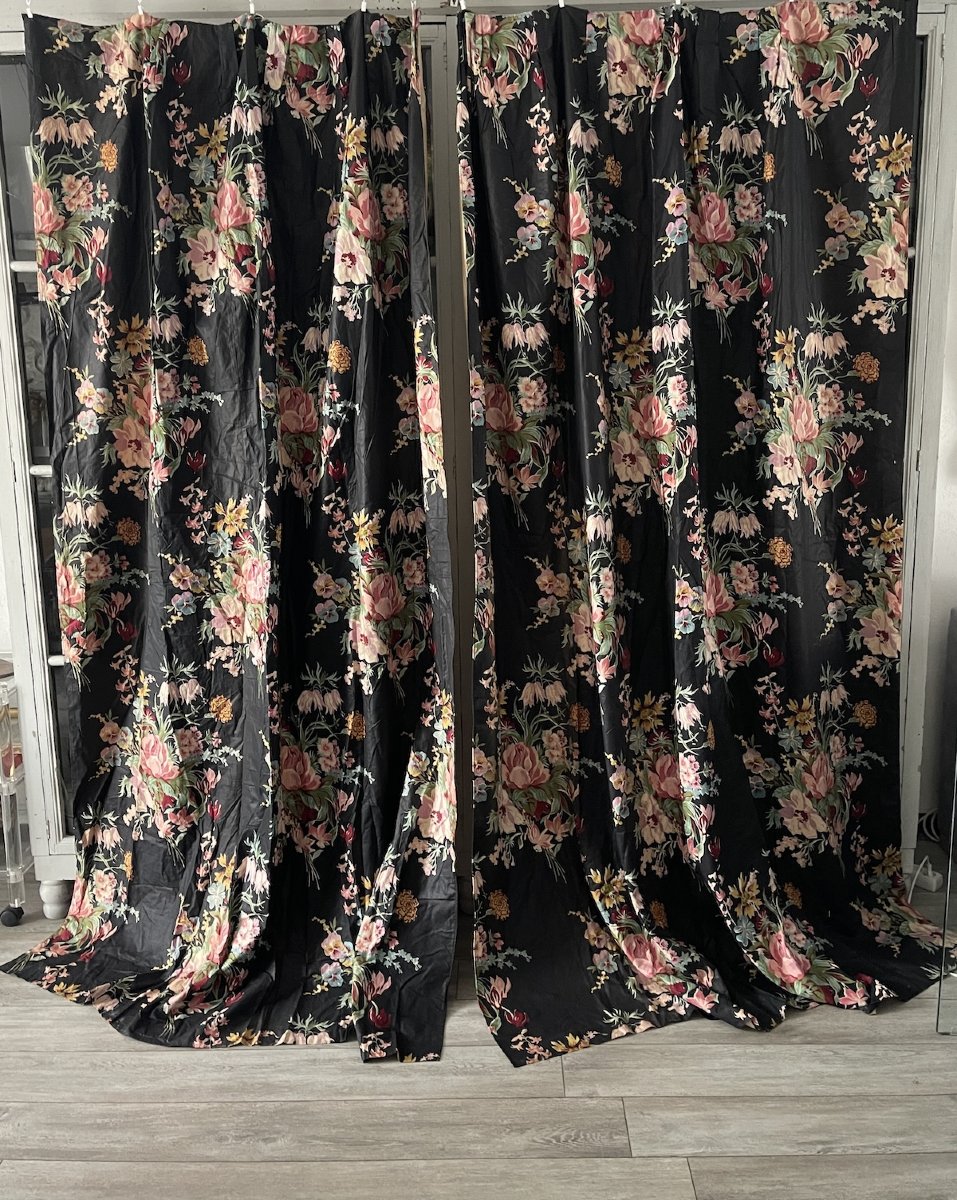 Seconde Paire de rideaux en chintz à décor floral roses, pivoines, oeillets-photo-4