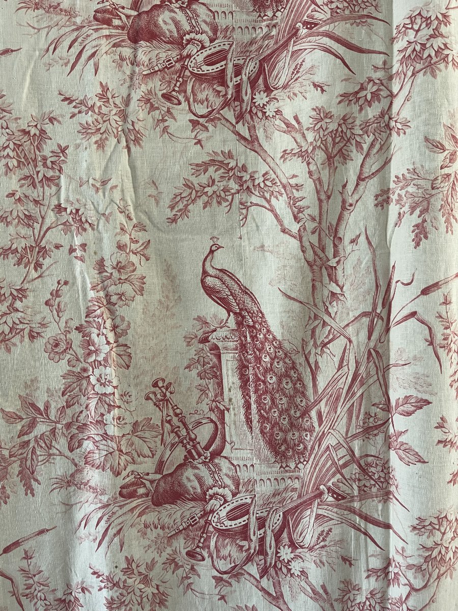 Toile De Jouy Curtain Panel – 19th-century Louis XVI Style, Featuring Peacocks And Musical Motifs-photo-2
