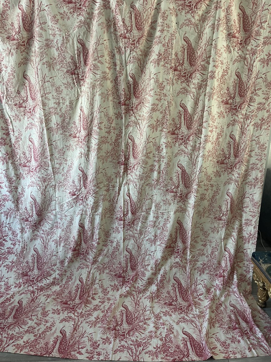 Toile De Jouy Curtain Panel – 19th-century Louis XVI Style, Featuring Peacocks And Musical Motifs-photo-3