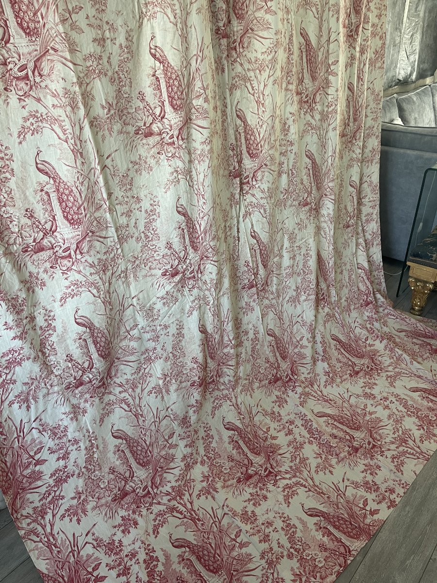 Toile De Jouy Curtain Panel – 19th-century Louis XVI Style, Featuring Peacocks And Musical Motifs-photo-2