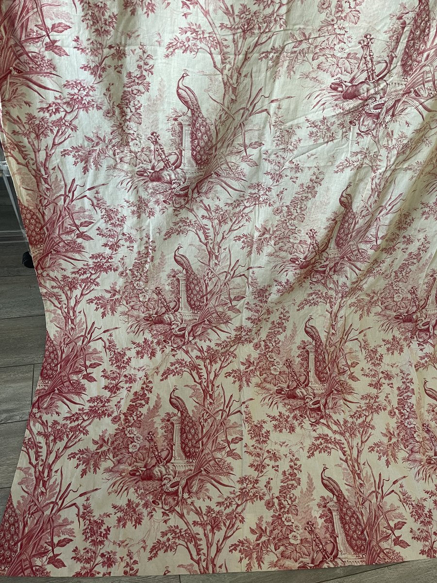 Toile De Jouy Curtain Panel – 19th-century Louis XVI Style, Featuring Peacocks And Musical Motifs-photo-3