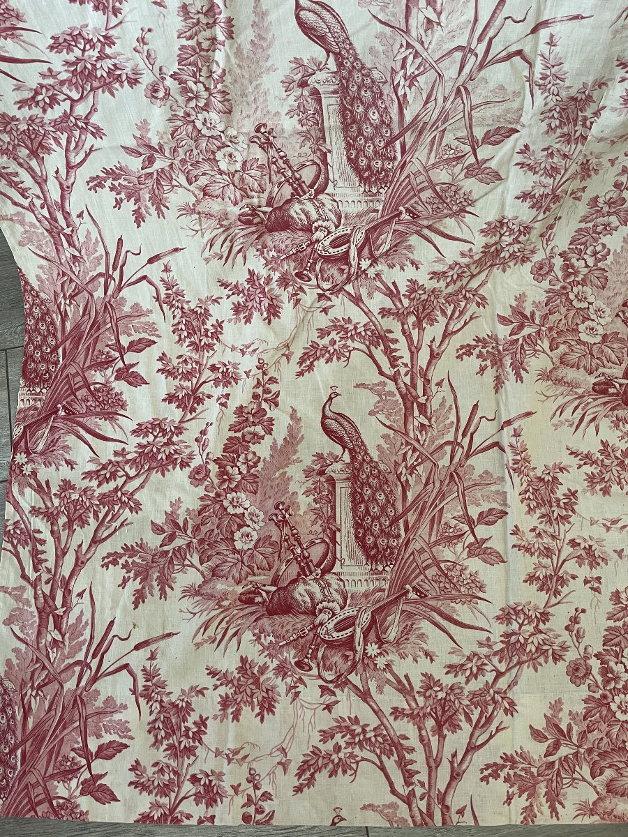 Toile De Jouy Curtain Panel – 19th-century Louis XVI Style, Featuring Peacocks And Musical Motifs-photo-6