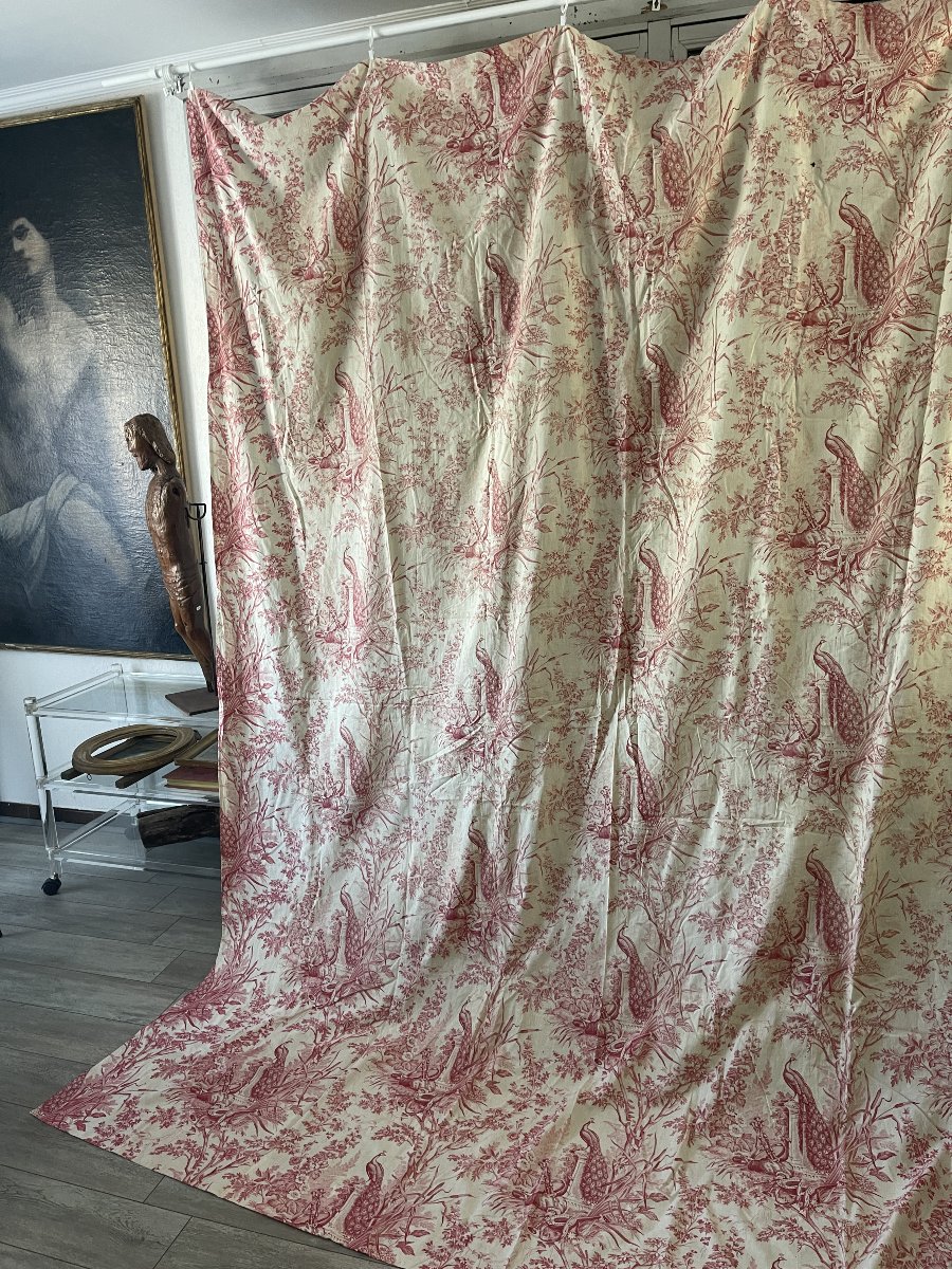 Toile De Jouy Curtain Panel – 19th-century Louis XVI Style, Featuring Peacocks And Musical Motifs