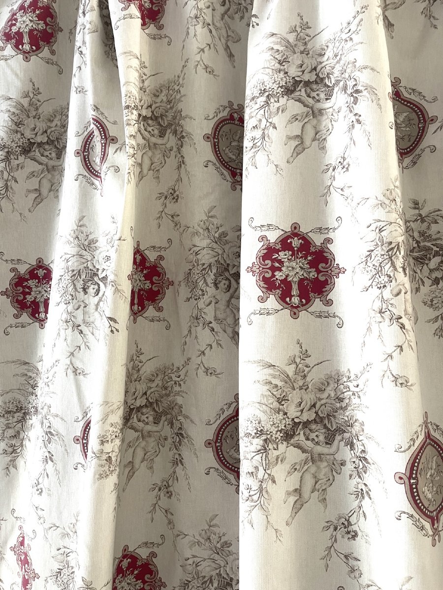 Second Pair: 2 Printed Curtains. Gray-scale Design Featuring Cherubs, Doves, And Purple Medallions-photo-5