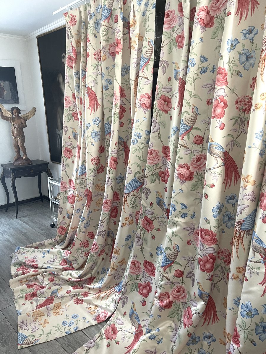 First Pair Of Silk Satin Curtains – Floral Design With Exotic Birds-photo-4