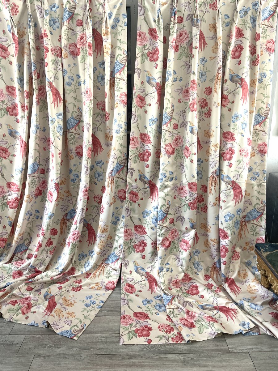 First Pair Of Silk Satin Curtains – Floral Design With Exotic Birds-photo-2