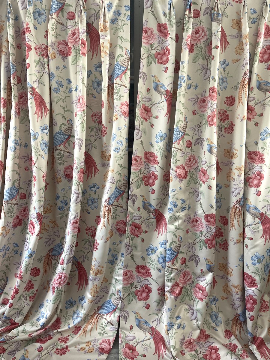 First Pair Of Silk Satin Curtains – Floral Design With Exotic Birds-photo-5