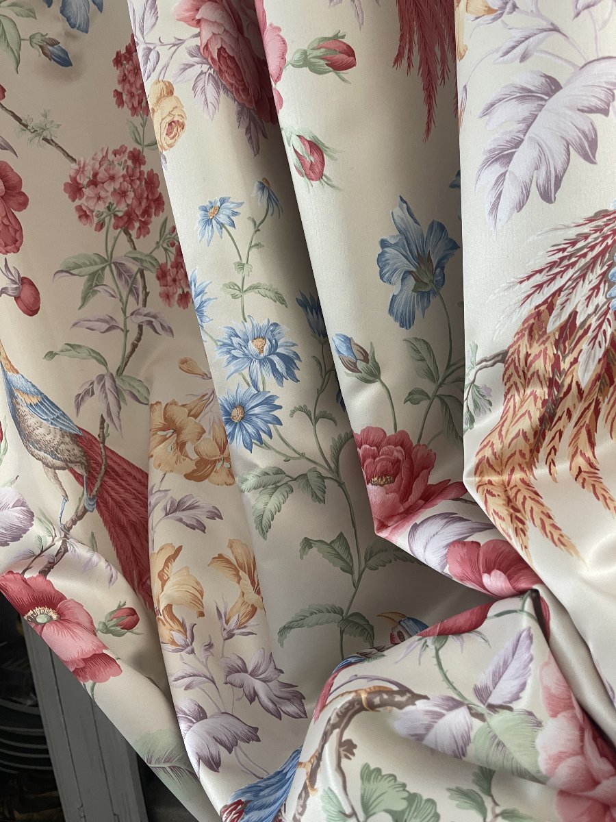 First Pair Of Silk Satin Curtains – Floral Design With Exotic Birds-photo-7