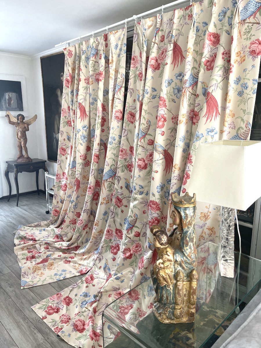 First Pair Of Silk Satin Curtains – Floral Design With Exotic Birds