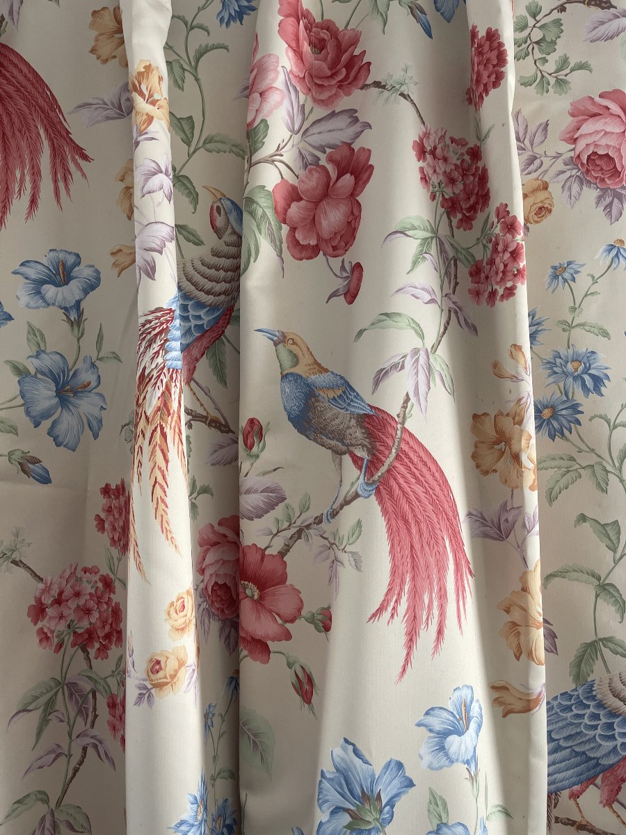 Seconde Paire de rideaux en satin de soie – Décor floral aux oiseaux exotiques-photo-1