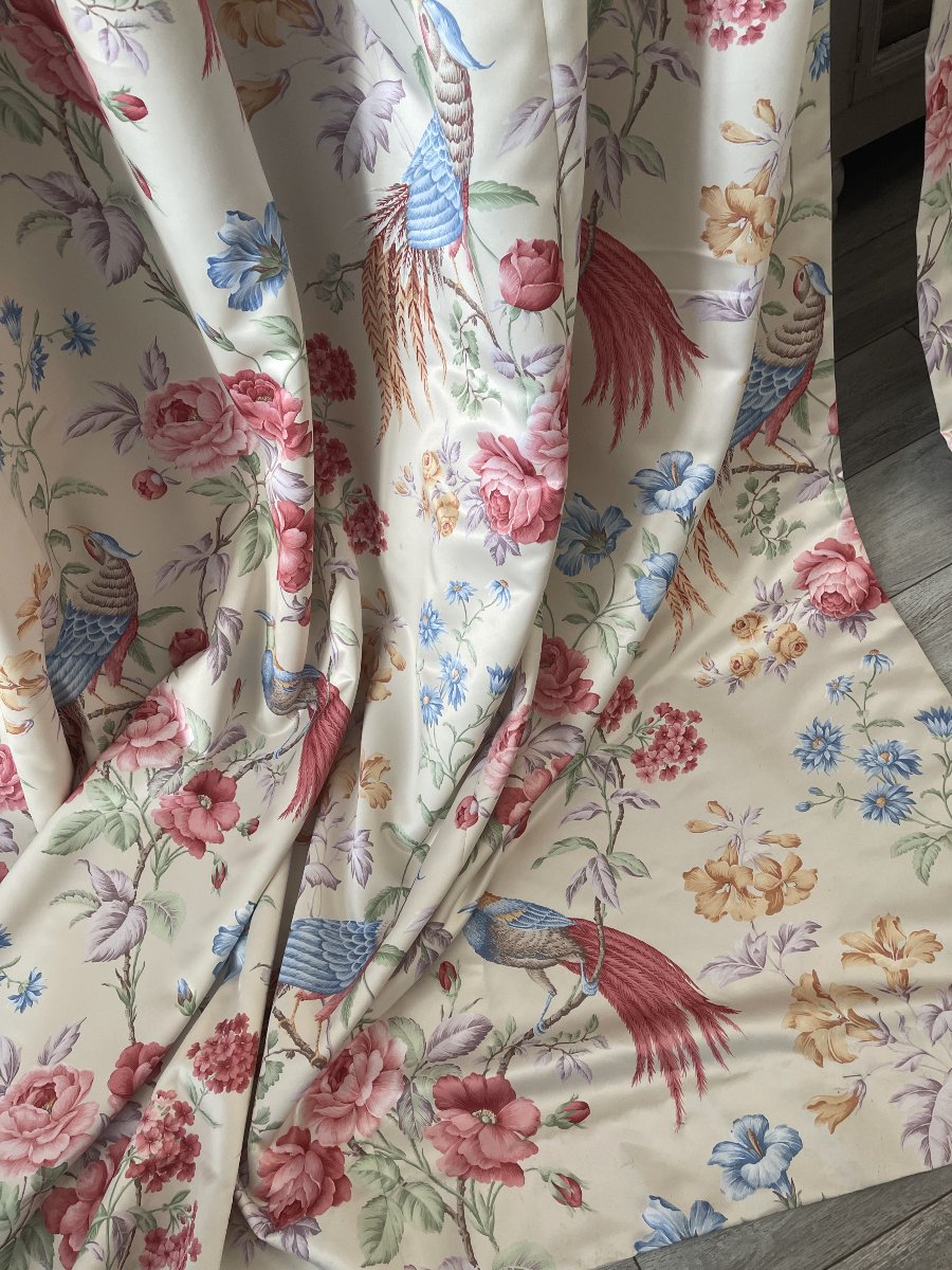 Seconde Paire de rideaux en satin de soie – Décor floral aux oiseaux exotiques-photo-7