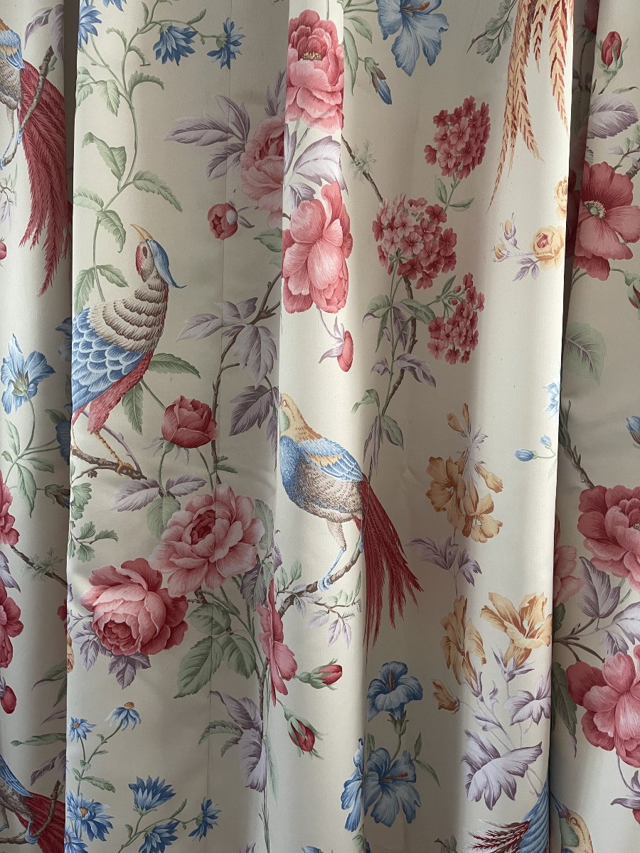 Third Pair Of Silk Satin Curtains – Floral Design With Exotic Birds-photo-1