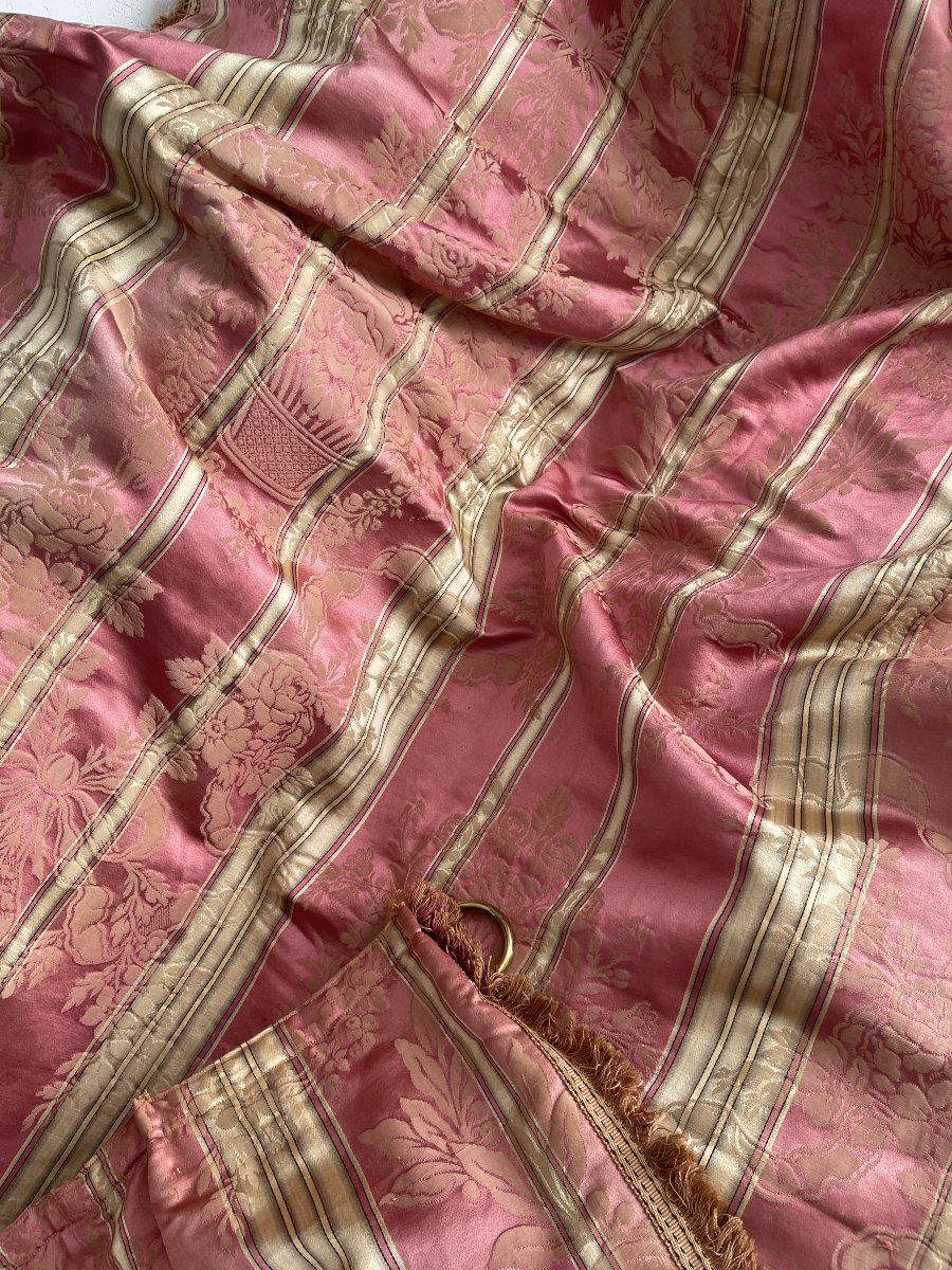 Paire de rideaux anciens en soie rose à décor floral – XIXème siècle-photo-5