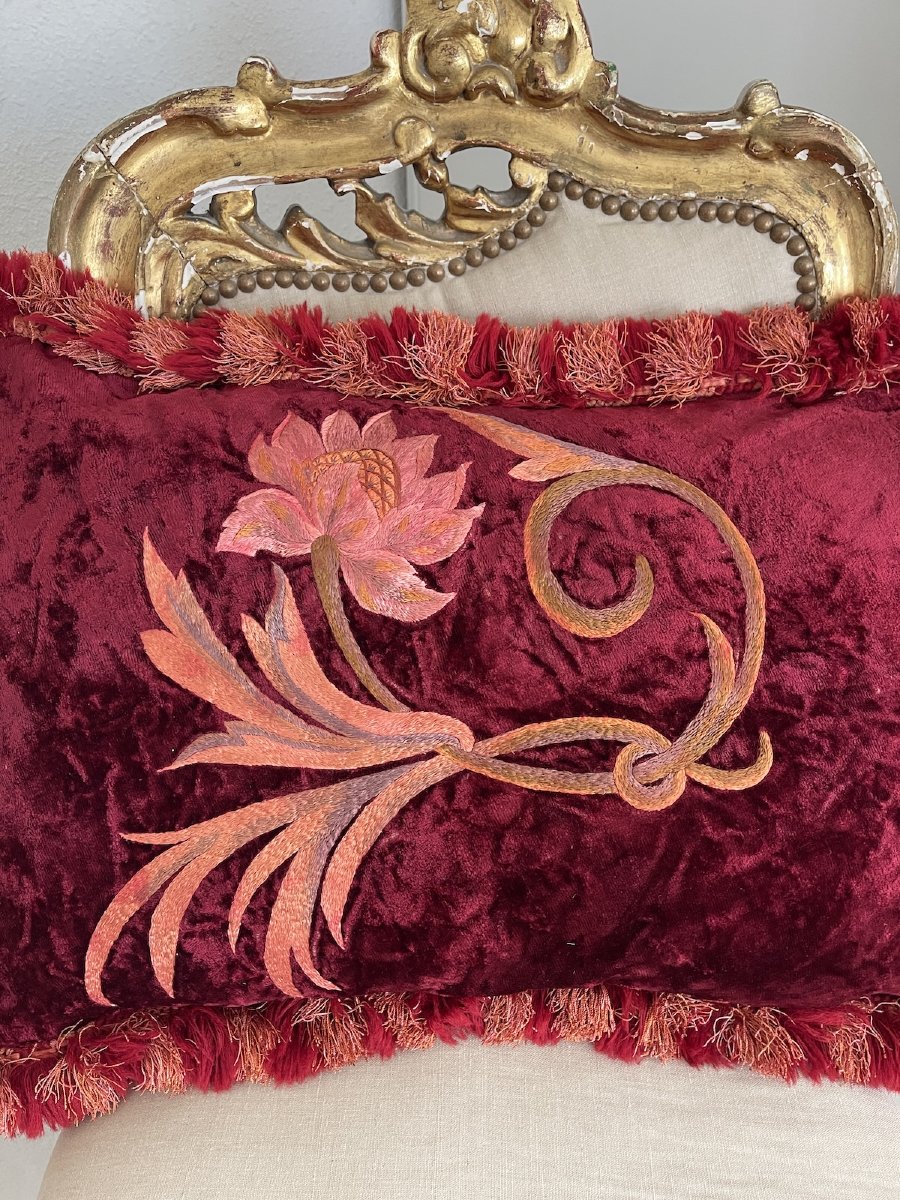 Coussin ancien en velours de soie brodé – XIXème siècle-photo-4