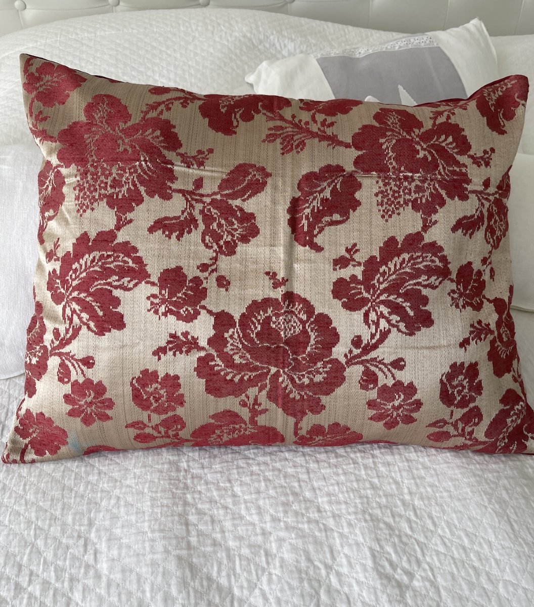 Damask Silk Pillow, Raspberry Floral Pattern