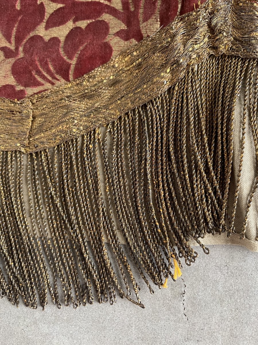 Antique Decorative Textile Made Of Red And Gold Silk Velvet, With Fringe-photo-4