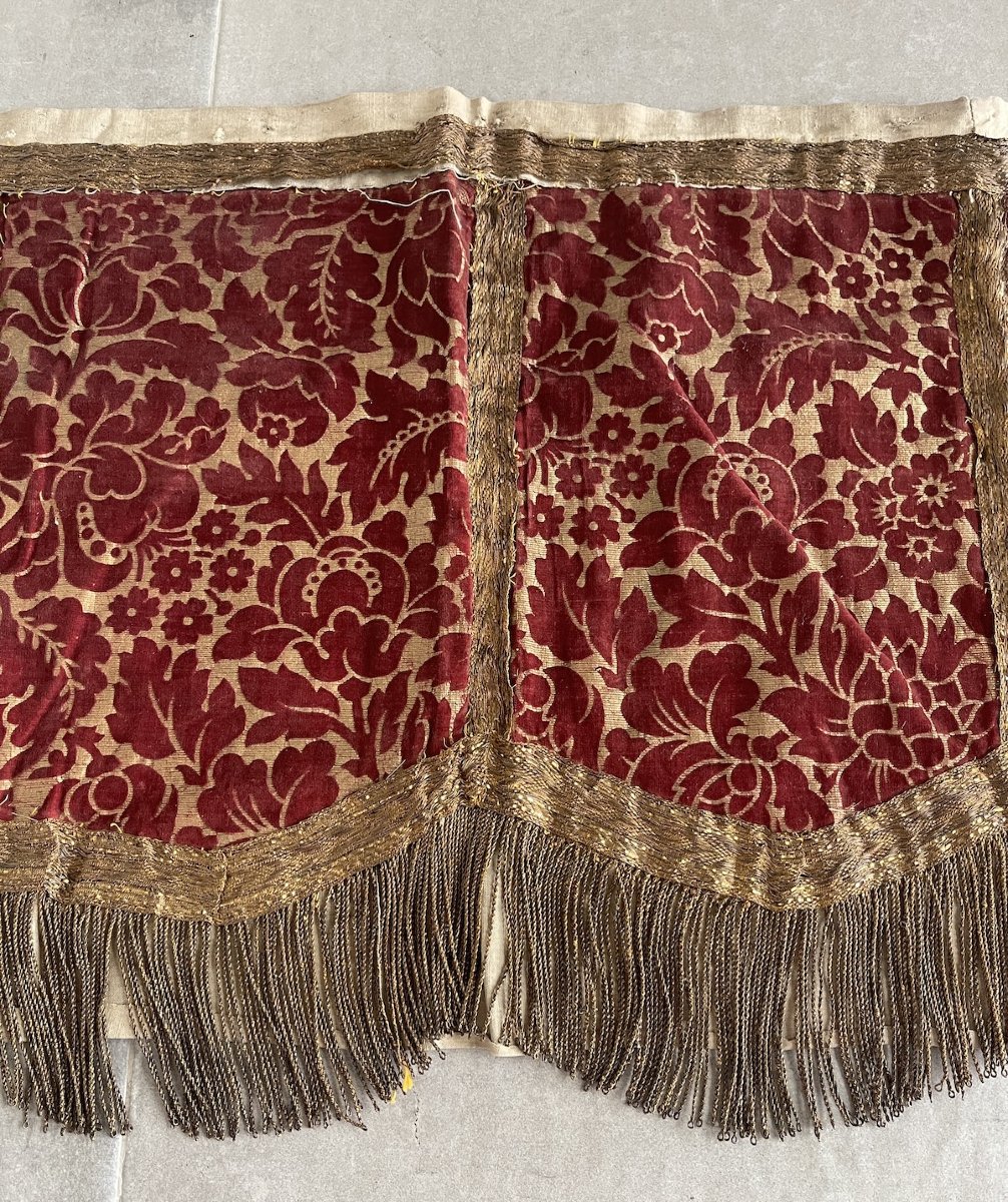 Antique Decorative Textile Made Of Red And Gold Silk Velvet, With Fringe