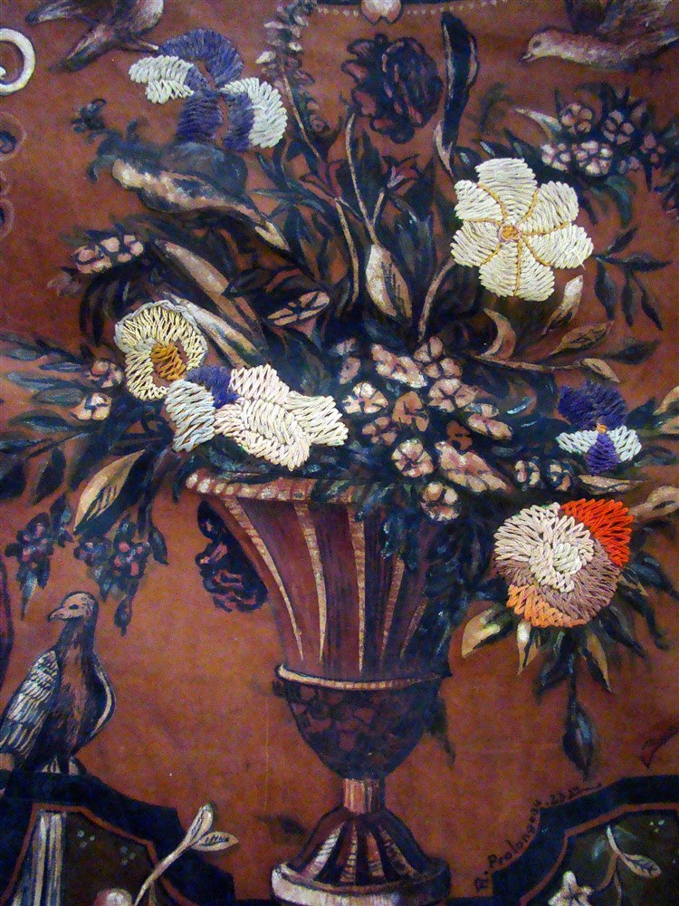 Peinture Et Broderie Sur Cuir Signé R.Prolongeau Baroque Italien-photo-4