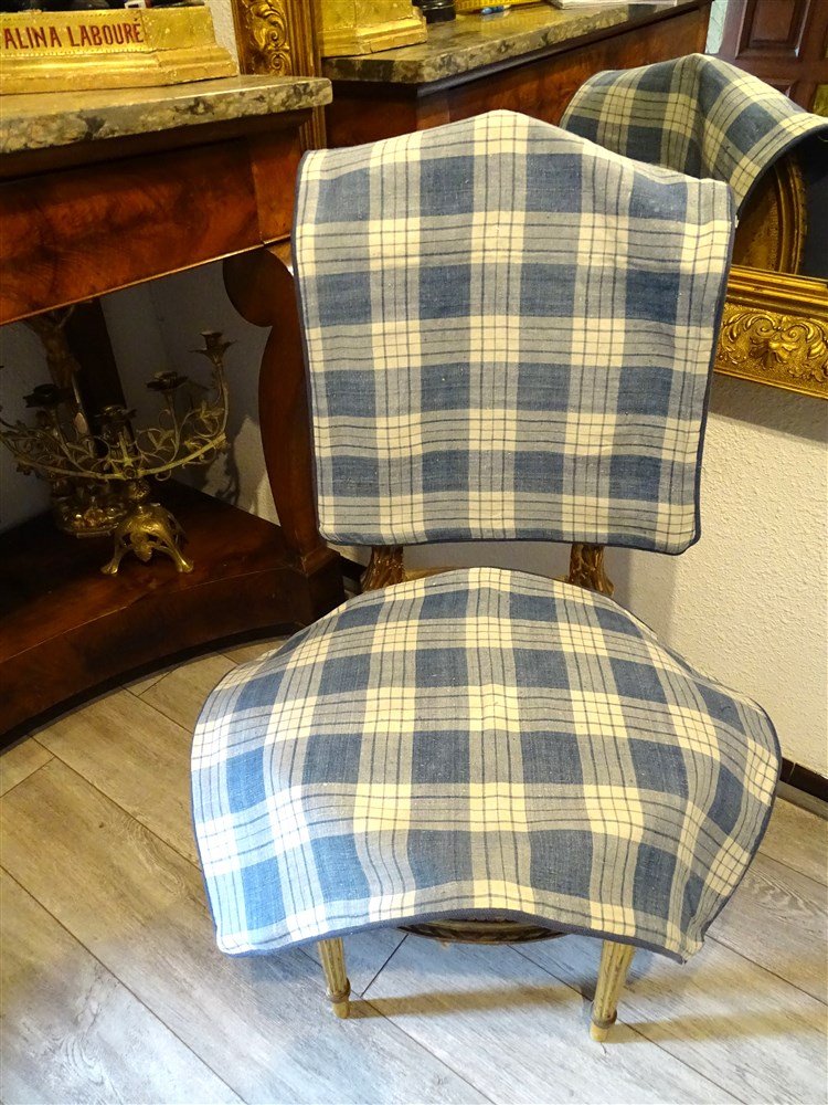2 Cushion Covers In Blue And White Linen Checks Old Fabric-photo-6