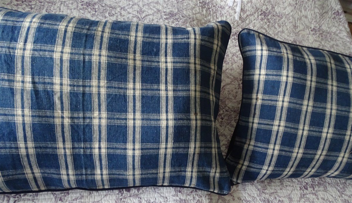 Paire De Trés Larges Coussins Indigo Et Blanc Toile Ancienne-photo-7