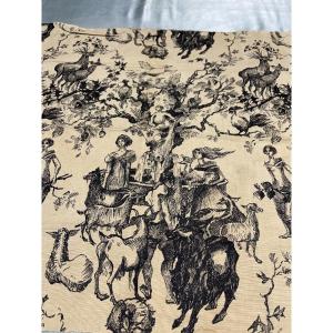 Fragment de tissu année 1950. scène en grisaille au décor singulier