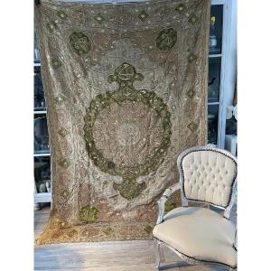 Tenture Ou Portière Broderie Ottomane Fin XVIIIème Fils Argent Métallique