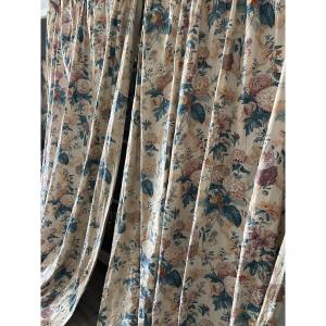 First Pair Of Floral Chintz Curtains, 20th Century, Hydrangeas, Fuchsias, Dahlias