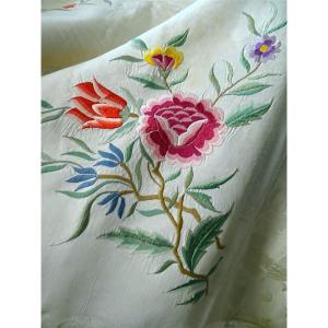 Ivory Moiré Satin Tablecloth Or Bedspread With Floral Embroidery  