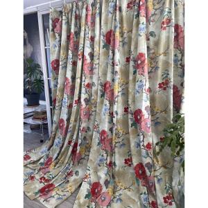 Paire de rideaux vintage  esprit aquarelle décor floral à grande échelle