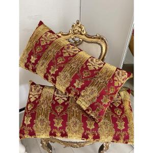 Pair Of Crimson Red Velvet Cushions With Gold Trim, 72 Cm X 40 Cm, Aristocratic Residence