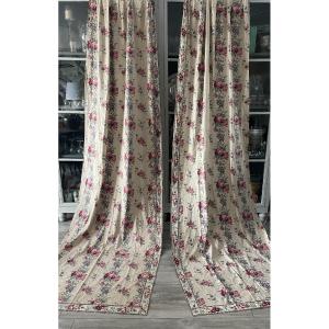 Pair Of Printed Canvas Curtains With A Floral Design, 19th-century