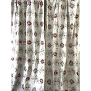 Third Set: 2 Printed Curtains. Gray-scale Design Featuring Cherubs, Doves, And Purple Medallions