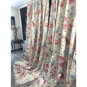 Third Pair Of Silk Satin Curtains – Floral Design With Exotic Birds
