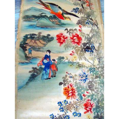 2 Japanese Paintings On Silk Veil Nineteenth