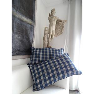 Pair Of Very Large Indigo And White Old Canvas Cushions