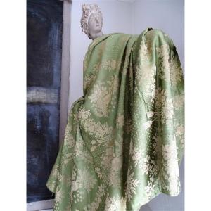 Fabric In Green And Beige Silk Old Coupon, XIXth Time Upholstering Seats And Cushions