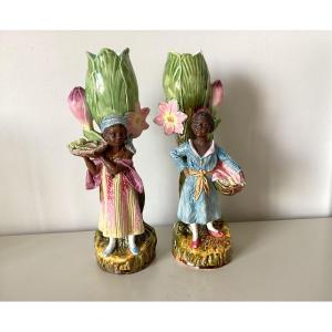 Vases En Barbotine Couple D.enfants Noirs   XIX Siecle