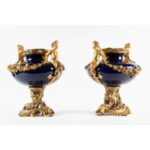 Pair Of Cachepots With Aquatic Puttis, Louis XV Style, 19th Century