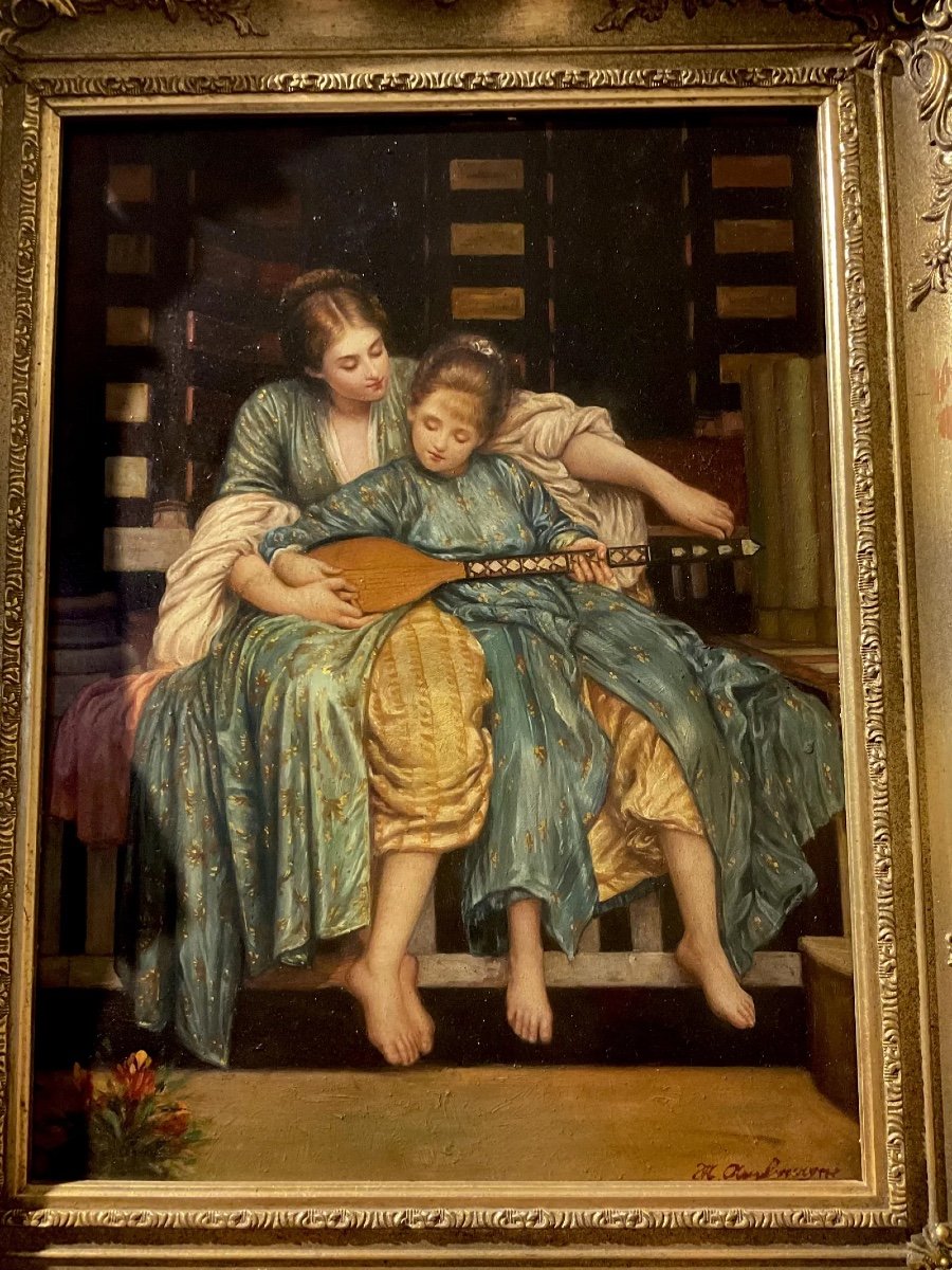 Antique Orientalist Oil Painting Harem Scene XIXth Century-photo-2