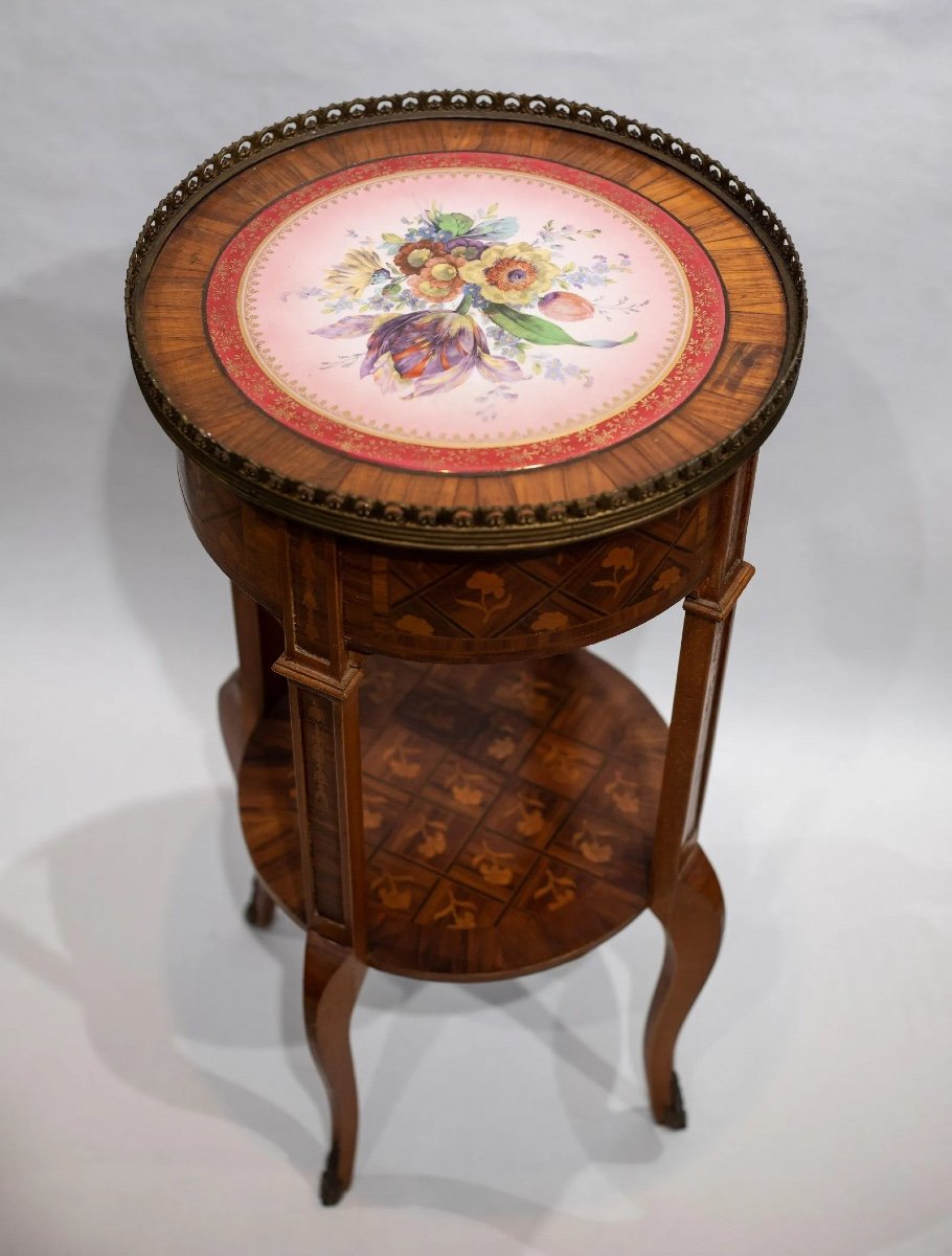 Antique Marquetry Coffee Table With Porcelain Tray, XIX Century-photo-3