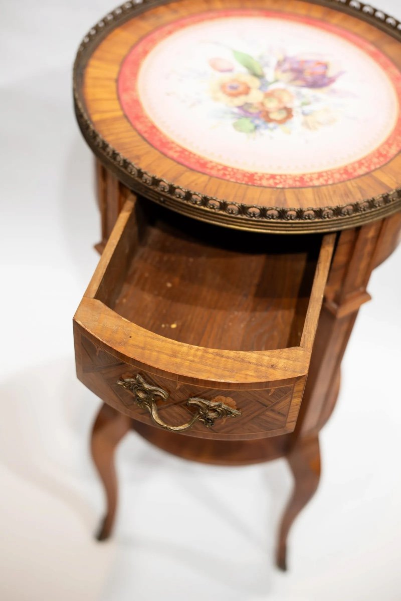 Antique Marquetry Coffee Table With Porcelain Tray, XIX Century-photo-5