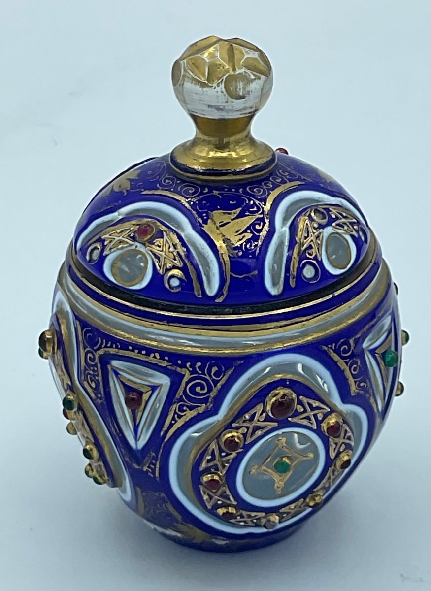 Antique Bohemian Overlay Glass Bonbonniere With Lid Decorated With Red And Green Stones,ottoman-photo-2
