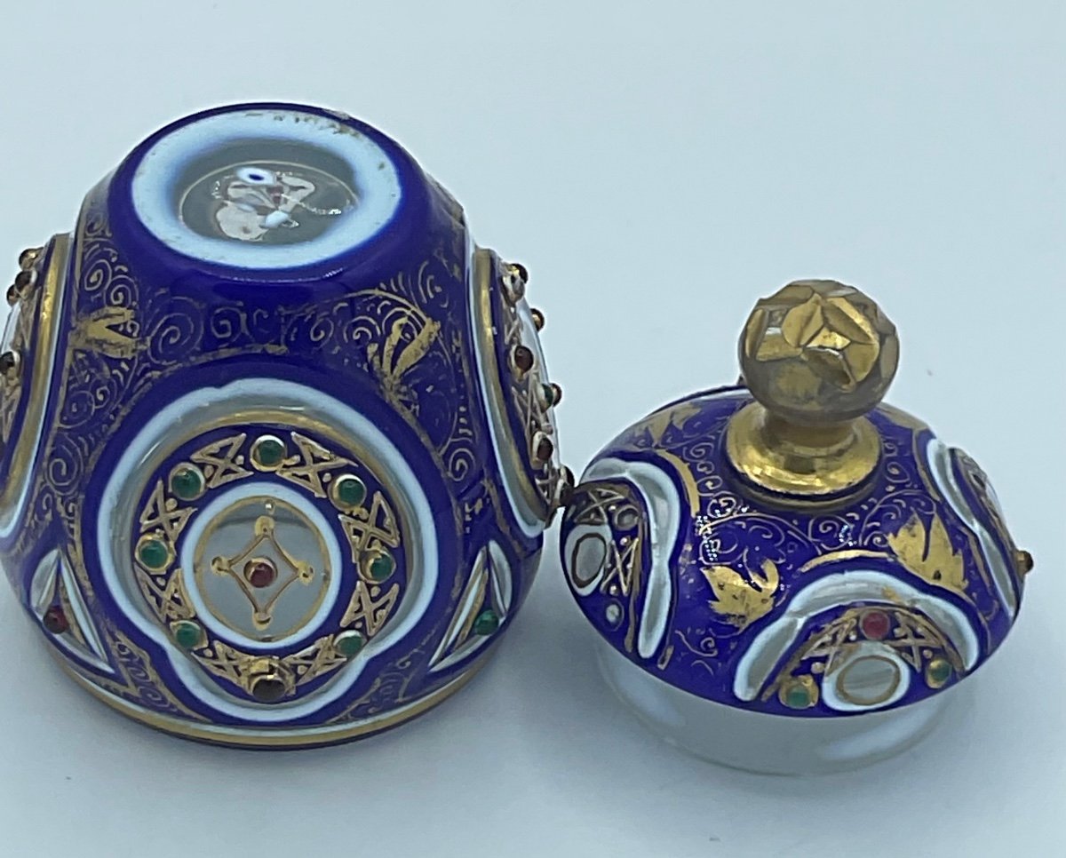 Antique Bohemian Overlay Glass Bonbonniere With Lid Decorated With Red And Green Stones,ottoman-photo-4