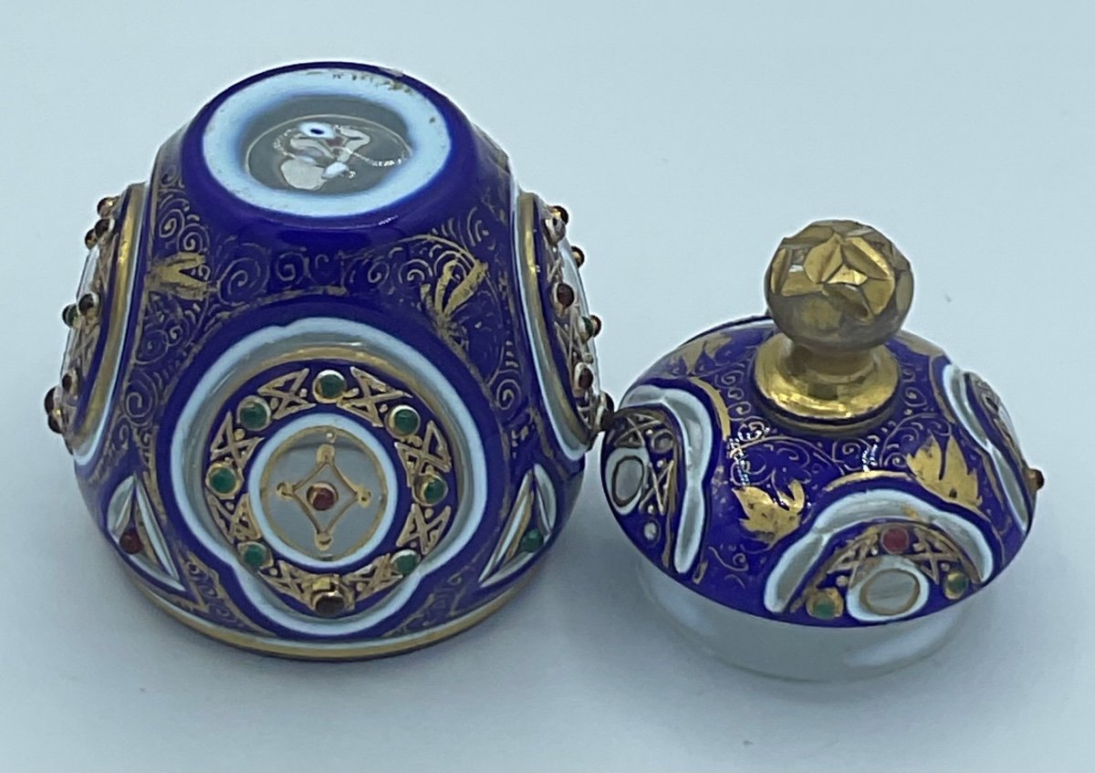 Antique Bohemian Overlay Glass Bonbonniere With Lid Decorated With Red And Green Stones,ottoman-photo-1