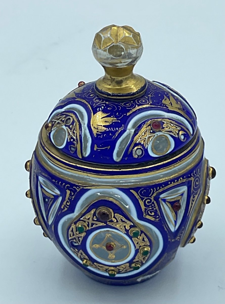 Antique Bohemian Overlay Glass Bonbonniere With Lid Decorated With Red And Green Stones,ottoman